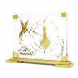 Good Jaeger LeCoultre decorative table clock, with visible eight day movement, gilt engraved 'Bird