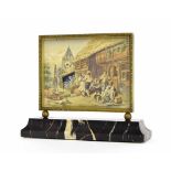 Rare Swiss automaton ivory and brass desk clock, painted with a village scene depicting figures