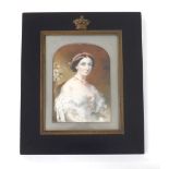 English School (19th century) - Portrait miniature of a lady, seated half length, wearing a white