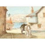 T* Mortimer (19th/20th century) - Harbour scene with a cart horse and cart on a cobbled street,