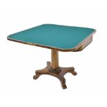 Regency rosewood foldover swivel top card table, the crossbanded top over a recess and supported