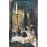 Guy Cambier (b.1923) - still life of a wine bottle, candlestick, goblet and other objects upon a