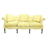 Attractive three seater sofa, pale gold damask upholstery, upon hexagonal tapered legs, 80" wide,