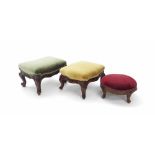 Two similar 19th century upholstered foot stools, each with cabriole splayed legs; also a