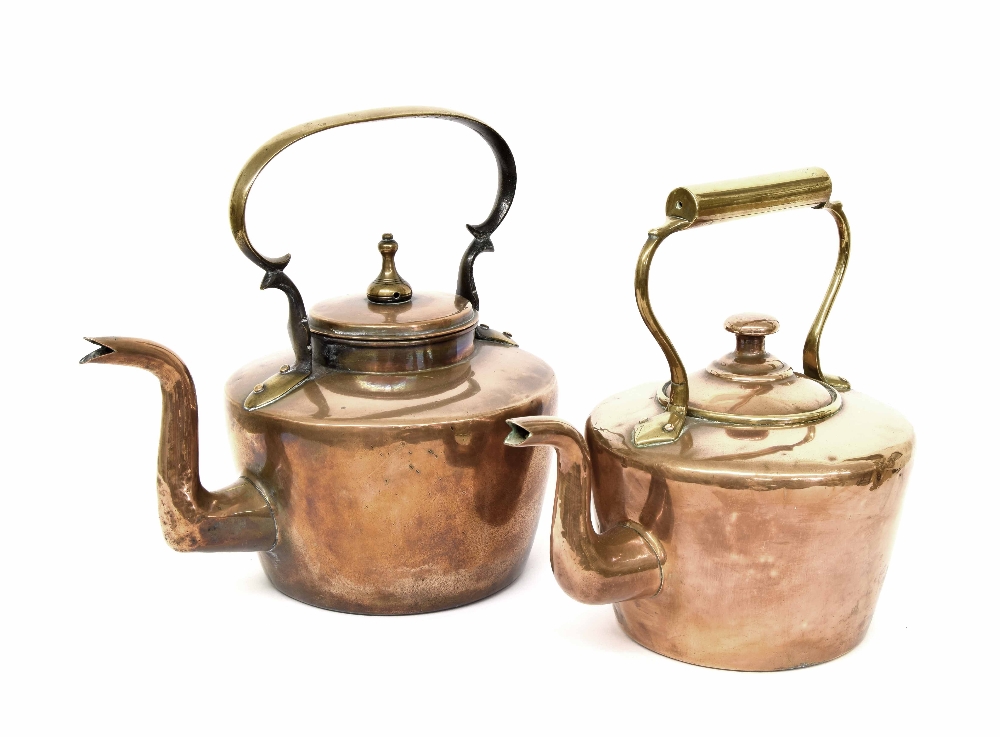 19th century copper kettle, 12.75" high; together with another similar smaller 19th century