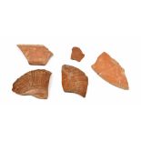 Five various ancient Roman period terracotta fragments depicting images of dancers and musicians (