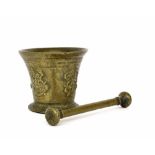 18th century cast bronze pestle and mortar, decorated in low relief with crowned Tudor roses, the