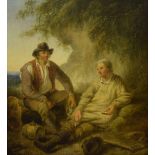 Circle of George Morland - The woodman's rest, two seated figures beside a tree, an axe in the