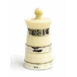 Edwardian ivory and silver mounted pepper mill of tapering cylindrical form, with three silver bands