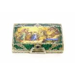 Fine Italian silver and enamel hinged box, of rectangular form engraved with foliate scrolls, the