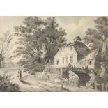 Attributed to Rev. James Bourne (1773-1854) - Country lane with a figure walking beside a cottage,