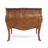 French kingwood inlaid bombé commode, the shaped white coloured veined marble top over two short and