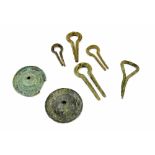 Five various ancient Jews harps (tallest 2.75"); also two Roman dome shaped finger cymbals with