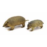 Taxidermy - armadillo with hairy body, 20" long overall; also another smaller armadillo, 15" long (