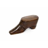 Late 18th/early 19th century novelty treen snuff box, modelled as a shoe with pinwork decoration,