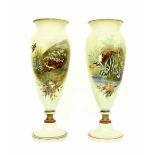 Pair of Victorian opaque glass baluster vases, each painted with scenes depicting foxes stalking