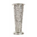 Large late Victorian silver vase, of cylindrical tapered form repousse with foliate decoration,