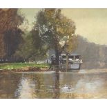 English School (20th century) - Thames houseboat moored beside trees, oil on canvas, 10" x 12" **The