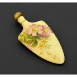 Royal Worcester blush ivory porcelain scent bottle and stopper, painted with flowers, printed gilt