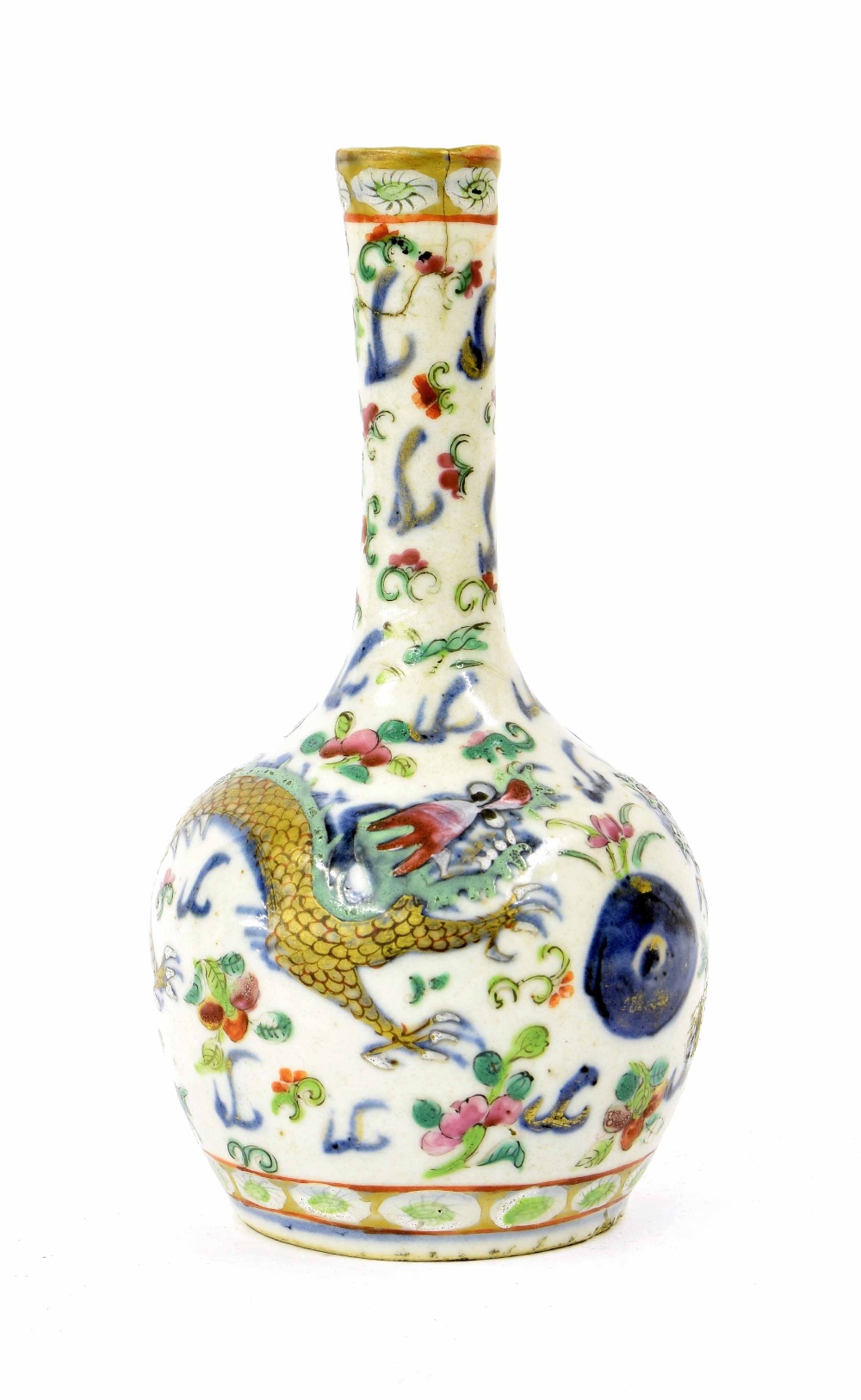 Chinese porcelain famille rose bottle vase, painted with two dragons chasing a flaming pearl, 6.5"