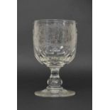 Masonic engraved glass goblet, the circular bowl upon a knopped stem and engraved foot, 6" high