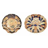 Japanese Imari scallop shaped porcelain dish in typical palette, 13" wide; together with another