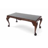 Marble top coffee table in the Chippendale manner, with carved ball and claw detailed feet, 45" x