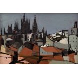 •English School (20th/21st century) - Roof tops and buildings with a Cathedral beyond, oil on