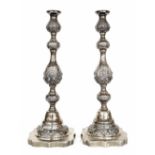 Impressive pair of Sabbath silver candlesticks, 16.75" high, maker Rosenzweig Taitelbaum & Co,