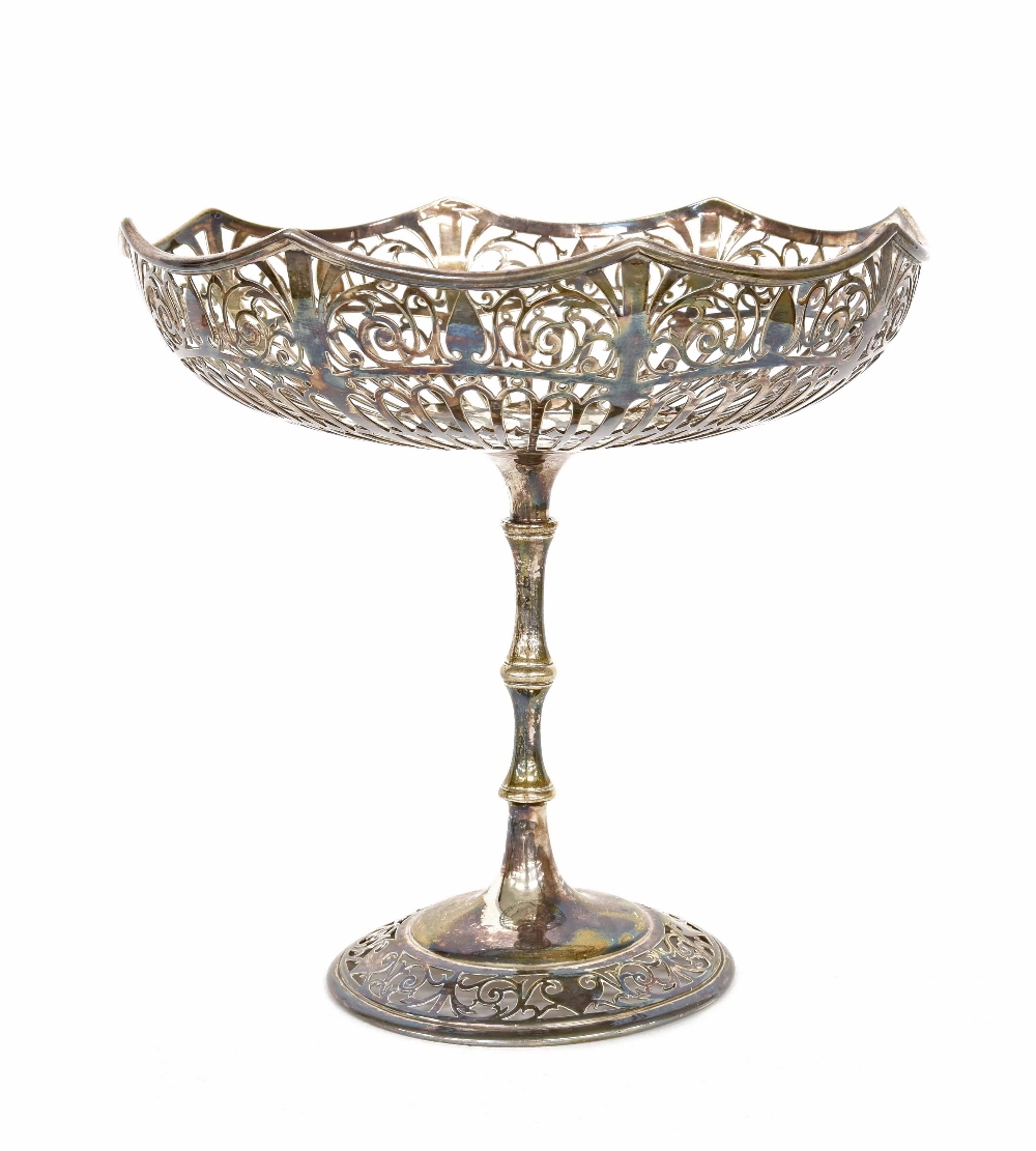 Edwardian silver pierced comport, with a turned column and circular pierced base, maker Mappin &