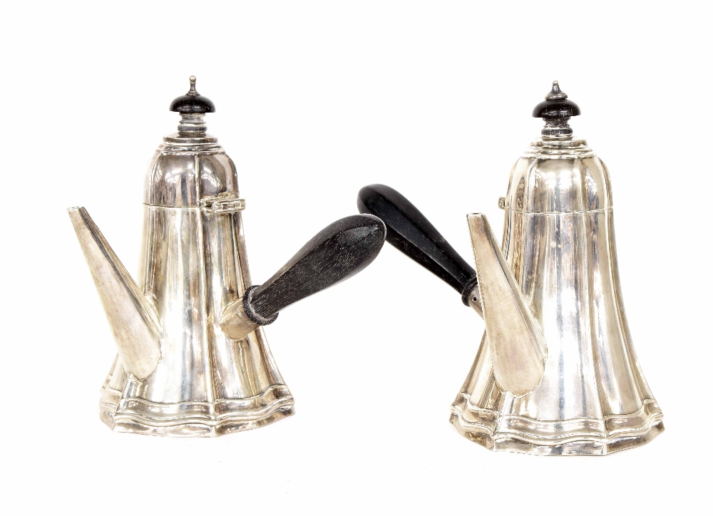 Pair of Edwardian silver chocolate pots, with tapered lobed fluted bodies and applied hardwood