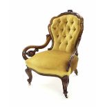 Attractive Victorian walnut framed upholstered armchair, the carved frame with open scroll hands,