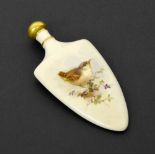 Royal Worcester porcelain blush ivory scent bottle and stopper, painted with a bird, printed gilt