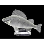 Lalique Poisson perch glass mascot, scripted signature, 4" high, 6.25" long