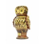 Interesting slipware terracotta owl jug with a drinking cup cover, 7.25" high