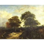 English School (19th century) - Landscape with figures on a sunlit lane, a girl with a dog in the