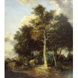 Circle of Samuel David Colkett (19th century) - Wagon and horses on a sunlit wooded lane, a