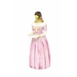 Royal Worcester porcelain candle snuffer of Jenny Lind, modelled in a long pink dress with a bird'