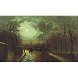Walter Linsley Meegan (1859-1944) - Moonlit street scene with a horse-drawn carriage by a figure,