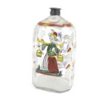 Mid 18th century Dutch enamelled glass flask, with polychrome decoration depicting a lady with a
