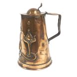 Arts & Crafts repousse copper jug and cover, decorated with stylised flowers on a tapered body,