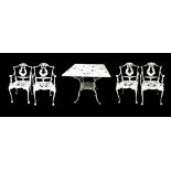 Coalbrook style wrought iron, white painted garden set of four chairs and table, table 39.5" wide,