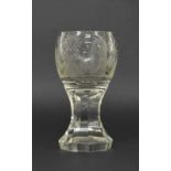 Masonic heavy glass goblet, engraved with emblems upon an octagonal stem and base, 5.25" high