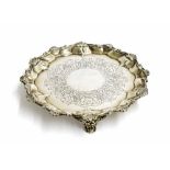 Victorian silver salver, the moulded and cast shell border with engraved centre upon three cast