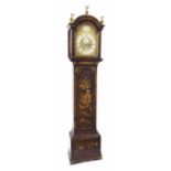 Black lacquer and chinoiserie decorated eight day longcase clock, the 12" brass arched dial signed