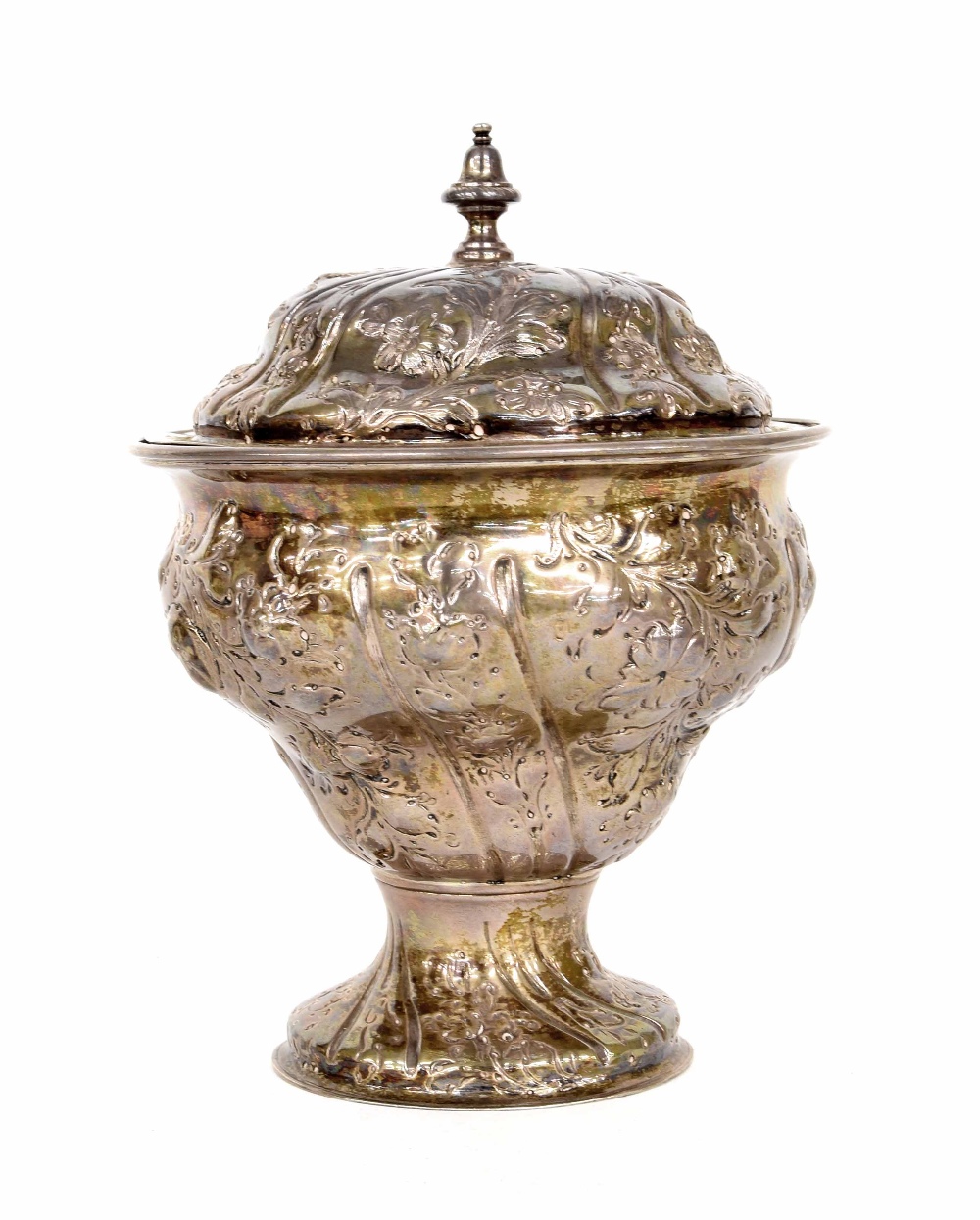 18th century silver lidded repousse sucrier, gilded interior, maker 'ID', London 1773, 6" high, 4.
