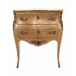 French kingwood and parquetry commode chest of drawers, the yellow veined marble top over two long