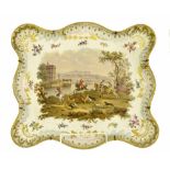 Meissen porcelain rectangular shaped cabaret tray, decorated with a hunting scene with figures on