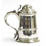 George III silver dome top lidded tankard, of plain straight sided form with a single reeded band