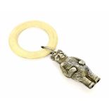 Charles Horner silver teddy bear rattle with teething ring, Chester 1945, 4.5" long overall